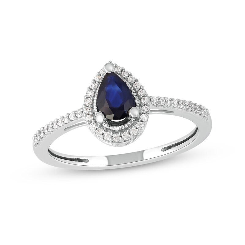 Main Image 1 of Pear-Shaped Blue Sapphire and 1/10 CT. T.W. Diamond Frame Vintage-Style Ring in 10K White Gold