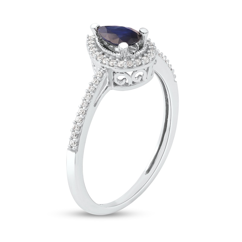 Main Image 2 of Pear-Shaped Blue Sapphire and 1/10 CT. T.W. Diamond Frame Vintage-Style Ring in 10K White Gold
