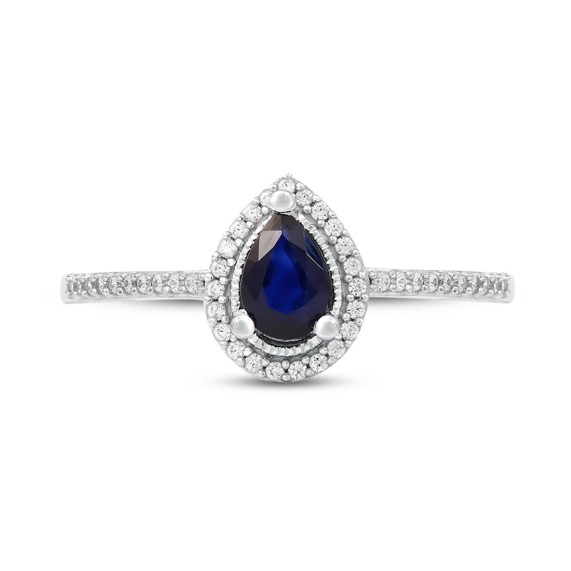 Main Image 3 of Pear-Shaped Blue Sapphire and 1/10 CT. T.W. Diamond Frame Vintage-Style Ring in 10K White Gold