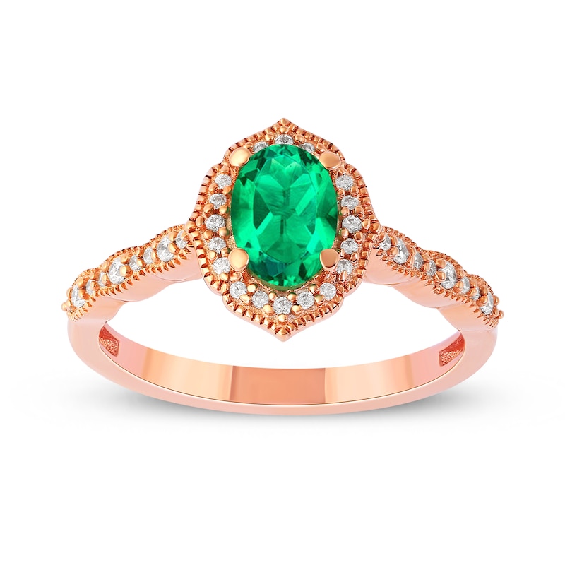 Oval Emerald and 1/6 CT. T.W. Diamond Quatrefoil Frame Vintage-Style Ring in 10K Rose Gold