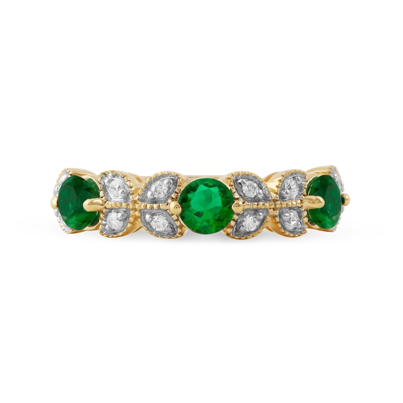 4.0mm Emerald and 1/10 CT. T.W. Diamond Leaf Accents Vintage-Style Three Stone Ring in 10K Gold