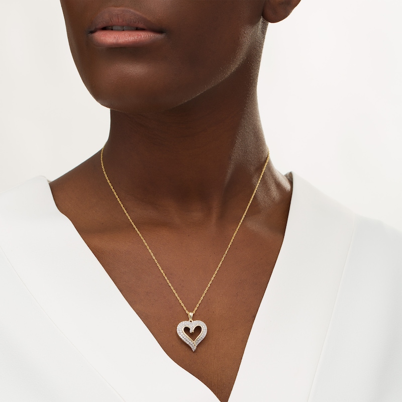 Main Image 2 of 1/2 CT. T.W. Diamond Double Row Curly Heart Pendant in 10K Gold