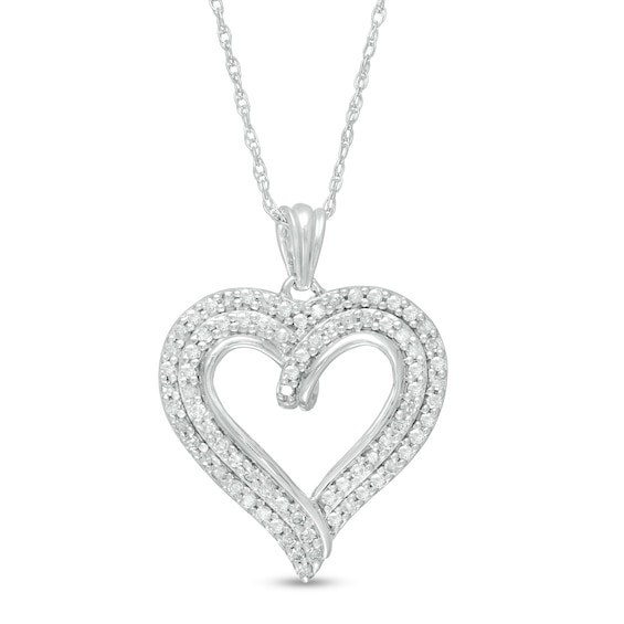 1/2 CT. T.w. Diamond Double Row Curly Heart Pendant in 10K White Gold