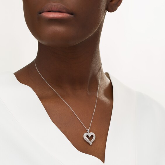 1/2 CT. T.w. Diamond Double Row Curly Heart Pendant in 10K White Gold