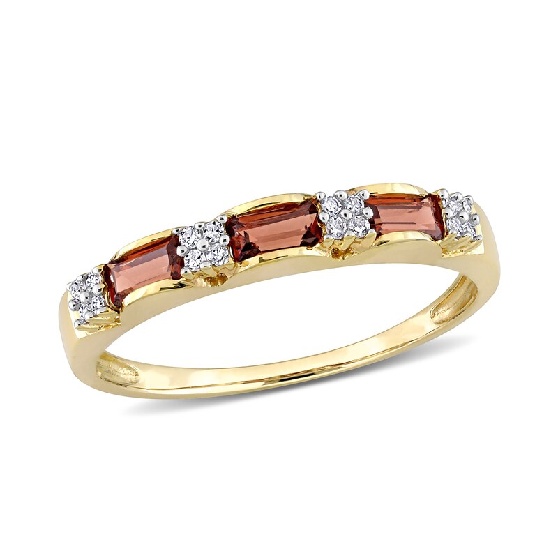 Baguette Garnet and 1/15 CT. T.W. Diamond Quad Alternating Ring in 10K Gold