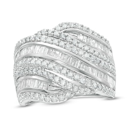 1-1/2 CT. T.W. Baguette and Round Diamond Alternating Waves Ring in 10K White Gold