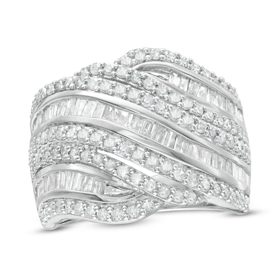 1-1/2 CT. T.w. Baguette and Round Diamond Alternating Waves Ring in 10K White Gold