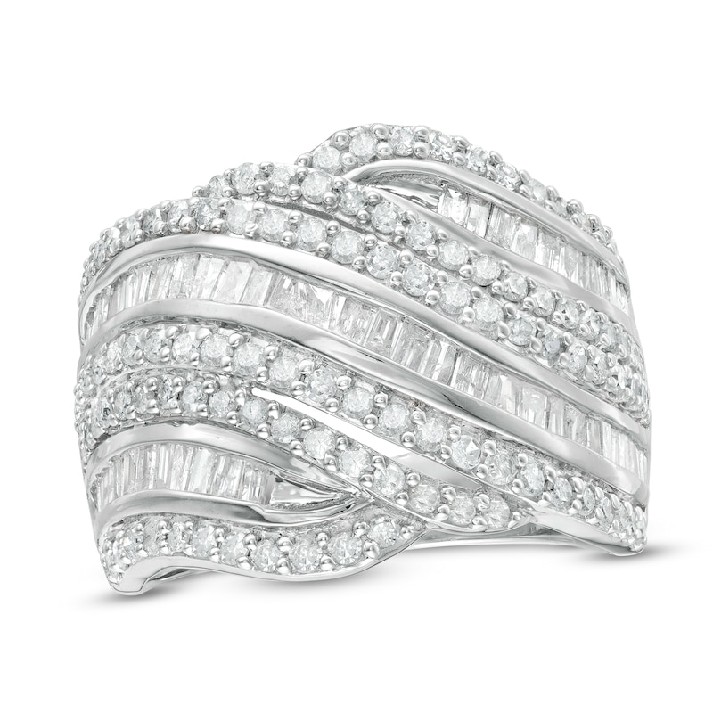 Main Image 1 of 1-1/2 CT. T.W. Baguette and Round Diamond Alternating Waves Ring in 10K White Gold