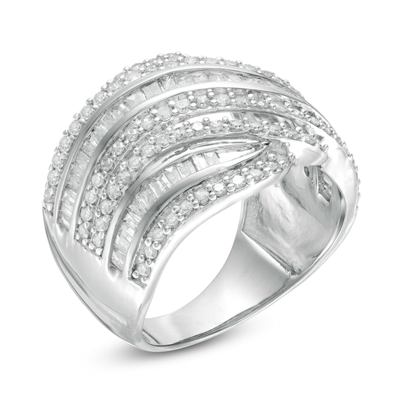 1-1/2 CT. T.w. Baguette and Round Diamond Alternating Waves Ring in 10K White Gold