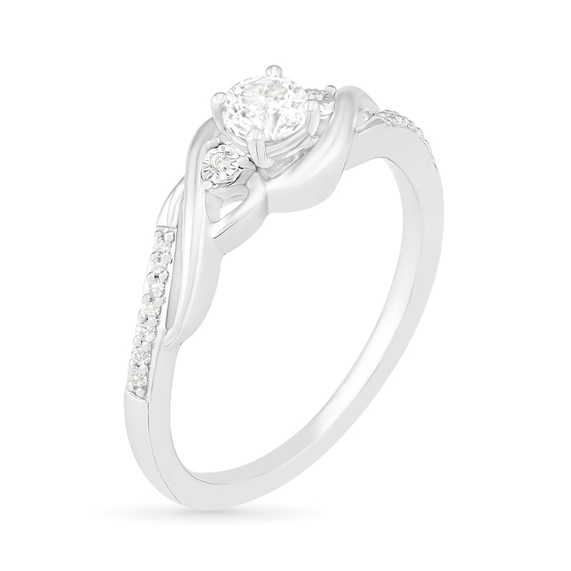 4.0mm Lab-Created White Sapphire and 1/20 CT. T.W. Diamond Bypass Twist Shank Ring in Sterling Silver
