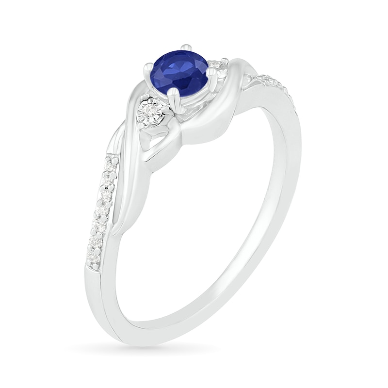 4.0mm Lab-Created Blue Sapphire and 1/20 CT. T.W. Diamond Bypass Twist Shank Ring in Sterling Silver
