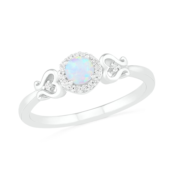 4.0mm Lab-Created Opal and 1/20 CT. T.W. Diamond Frame Filigree Heart-Sides Ring in Sterling Silver 4.0mm Lab-Created Opal and 1/20 CT. T.W. Diamond Frame Filigree Heart-Sides Ring in Sterling Silver