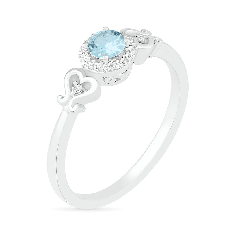 4.0mm Aquamarine and 1/20 CT. T.W. Diamond Frame Filigree Heart-Sides Ring in Sterling Silver