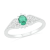 Oval Lab-Created Emerald and White Sapphire Border Filigree Heart Split Shank Vintage-Style Ring in Sterling Silver