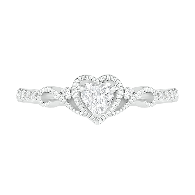 4.0mm Heart-Shaped Lab-Created White Sapphire Bead Frame Scrollwork Tapered Shank Vintage-Style Ring in Sterling Silver
