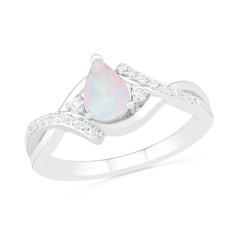 Pear-Shaped Lab-Created Opal and White Sapphire Bypass Crossover Shank Ring in Sterling Silver