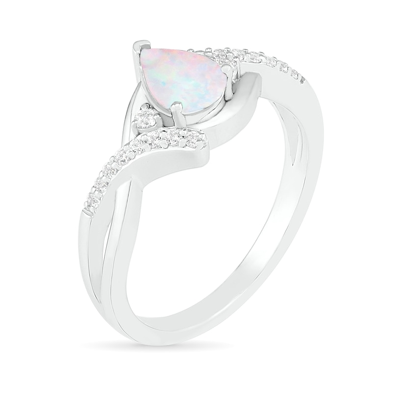 Pear-Shaped Lab-Created Opal and White Sapphire Bypass Crossover Shank Ring in Sterling Silver