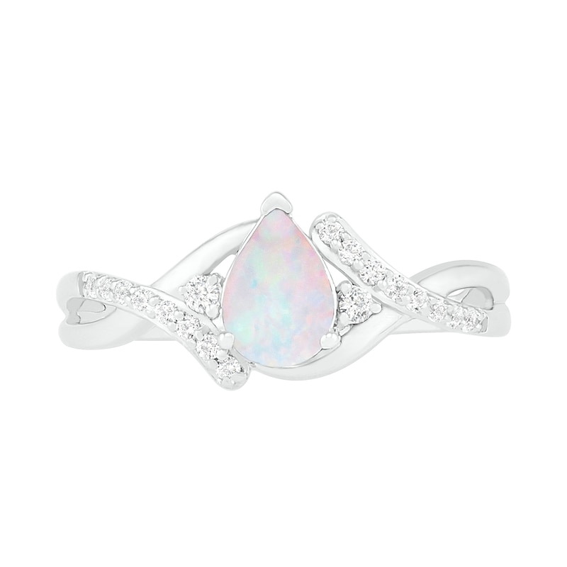 Pear-Shaped Lab-Created Opal and White Sapphire Bypass Crossover Shank Ring in Sterling Silver