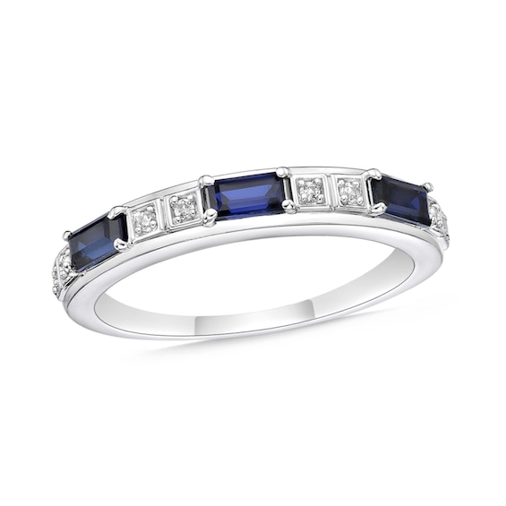 Baguette Lab-Created Blue and White Sapphire Duo Alternating Three Stone Band in Sterling Silver