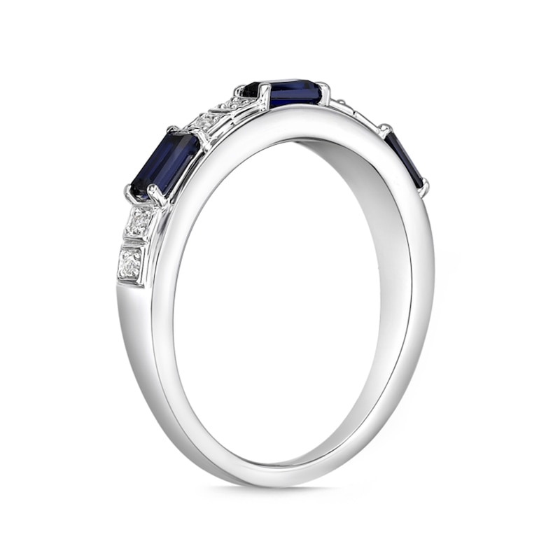 Main Image 2 of Baguette Lab-Created Blue and White Sapphire Duo Alternating Three Stone Band in Sterling Silver