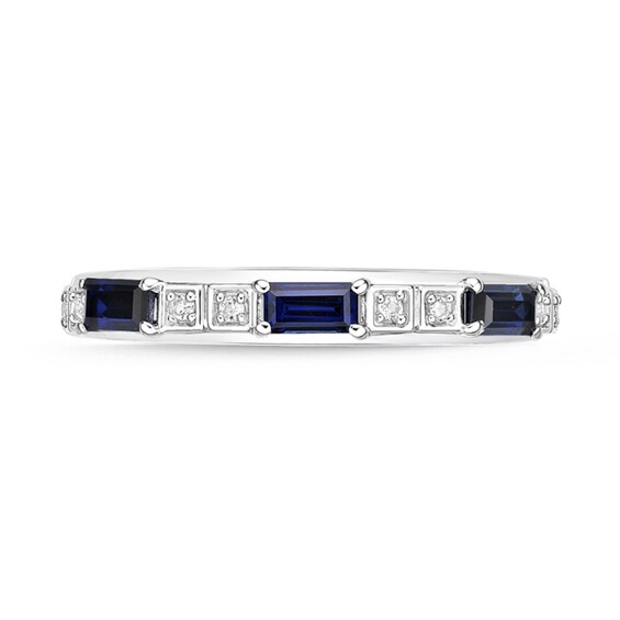 Baguette Lab-Created Blue and White Sapphire Duo Alternating Three Stone Band Sterling Silver