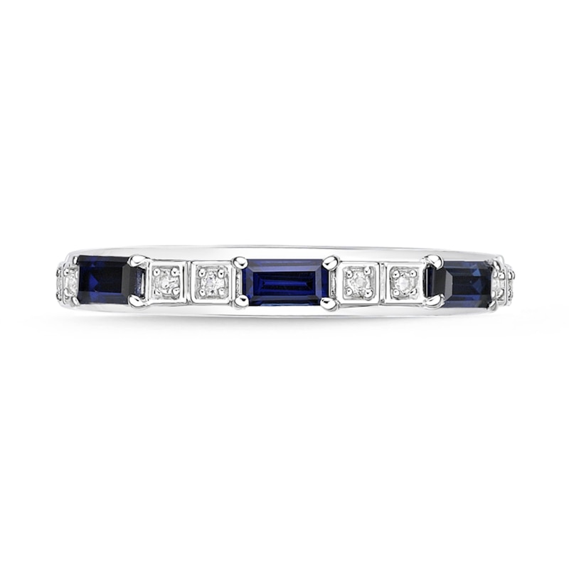 Main Image 3 of Baguette Lab-Created Blue and White Sapphire Duo Alternating Three Stone Band in Sterling Silver