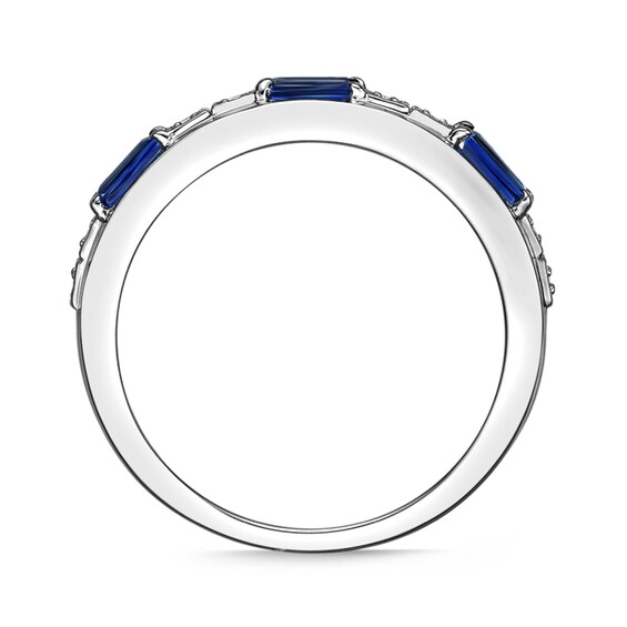 Baguette Lab-Created Blue and White Sapphire Duo Alternating Three Stone Band Sterling Silver