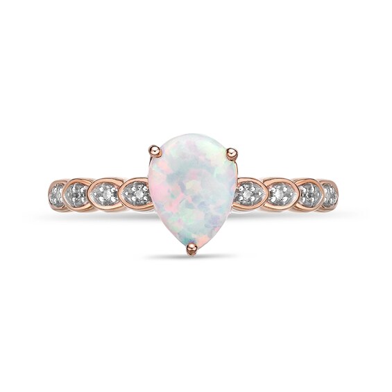 Pear-Shaped Lab-Created Opal and Diamond Accent Layered Scallop Shank Ring in 10K Rose Gold