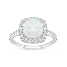 9.0mm Cushion-Shaped Lab-Created Opal and White Sapphire Frame Ring in Sterling Silver