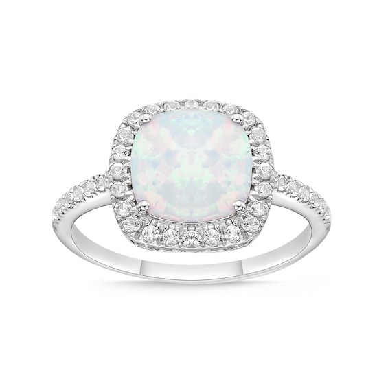 9.0mm Cushion-Shaped Lab-Created Opal and White Sapphire Frame Ring Sterling Silver