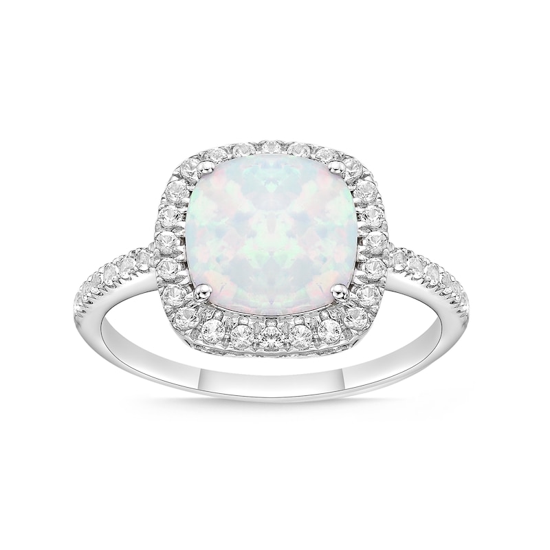 9.0mm Cushion-Cut Lab-Created Opal and White Sapphire Frame Ring in Sterling Silver
