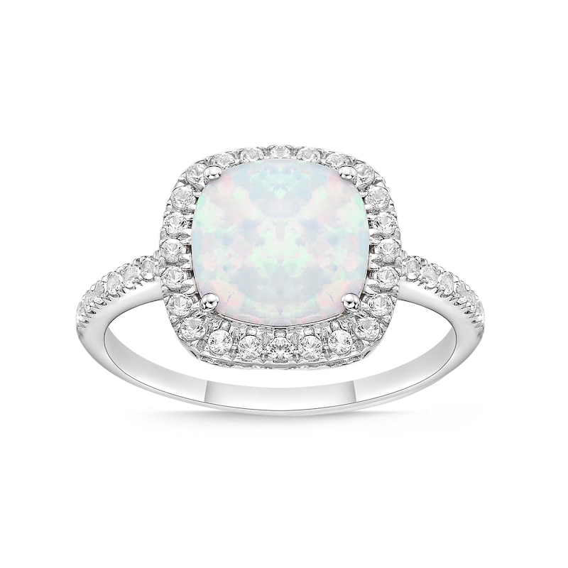 Main Image 1 of 9.0mm Cushion-Shaped Lab-Created Opal and White Sapphire Frame Ring in Sterling Silver