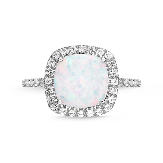 9.0mm Cushion-Shaped Lab-Created Opal and White Sapphire Frame Ring in Sterling Silver
