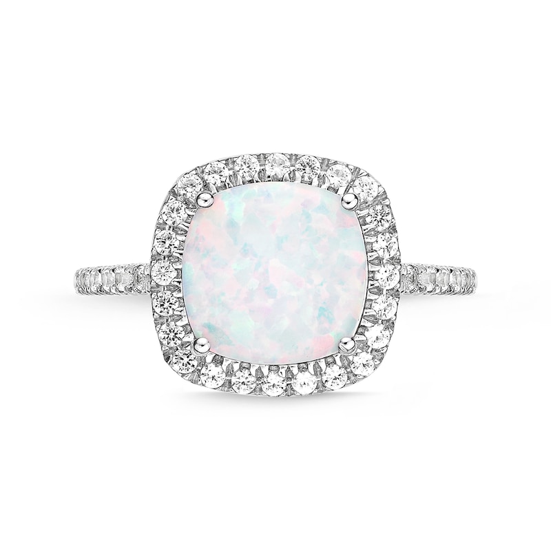 9.0mm Cushion-Cut Lab-Created Opal and White Sapphire Frame Ring in Sterling Silver