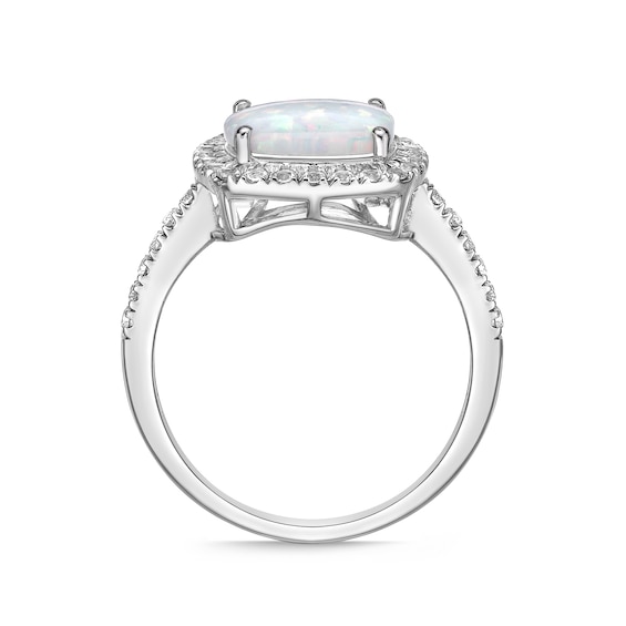 9.0mm Cushion-Shaped Lab-Created Opal and White Sapphire Frame Ring in Sterling Silver