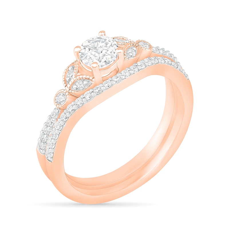 4.5mm Lab-Created White Sapphire and 1/5 CT. T.W. Diamond Bridal Set in Sterling Silver with 14K Rose Gold Plate