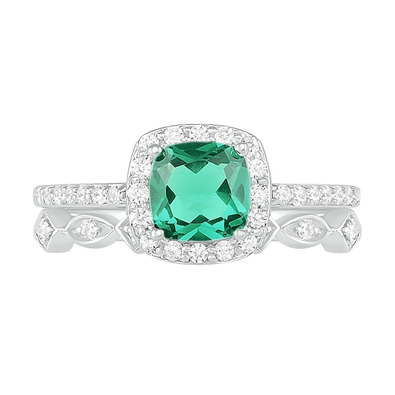 6.0mm Cushion-Cut Lab-Created Emerald and 1/4 CT. T.W. Diamond Frame Art Deco Bridal Set in 10K White Gold