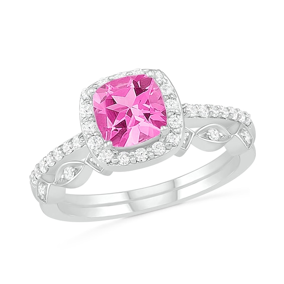 6.0mm Cushion-Cut Lab-Created Pink Sapphire and 1/4 CT. T.w. Diamond Frame Art Deco Bridal Set in 10K White Gold
