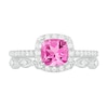 6.0mm Cushion-Cut Lab-Created Pink Sapphire and 1/4 CT. T.W. Diamond Frame Art Deco Bridal Set in 10K White Gold