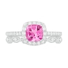 Thumbnail Image 2 of 6.0mm Cushion-Cut Lab-Created Pink Sapphire and 1/4 CT. T.W. Diamond Frame Art Deco Bridal Set in 10K White Gold