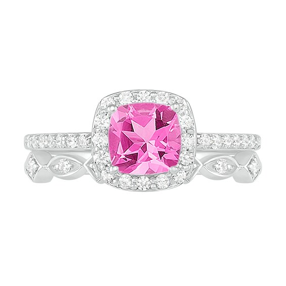6.0mm Cushion-Cut Lab-Created Pink Sapphire and 1/4 CT. T.w. Diamond Frame Art Deco Bridal Set in 10K White Gold