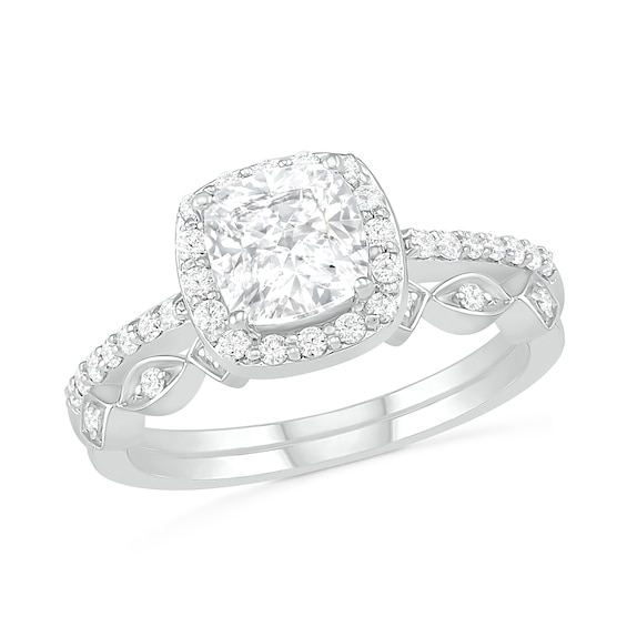 6.0mm Cushion-Cut Lab-Created White Sapphire and 1/4 CT. T.w. Diamond Frame Art Deco Bridal Set in 10K White Gold