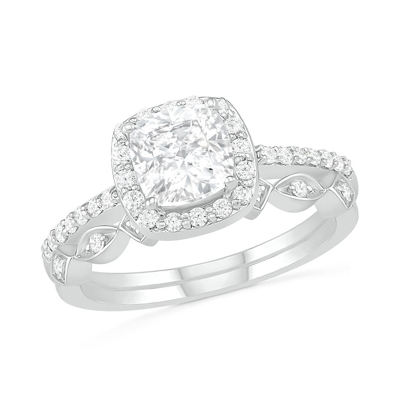 6.0mm Cushion-Cut Lab-Created White Sapphire and 1/4 CT. T.W. Diamond Frame Art Deco Bridal Set in 10K White Gold