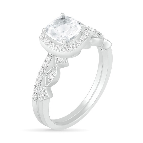 6.0mm Cushion-Cut Lab-Created White Sapphire and 1/4 CT. T.w. Diamond Frame Art Deco Bridal Set in 10K White Gold