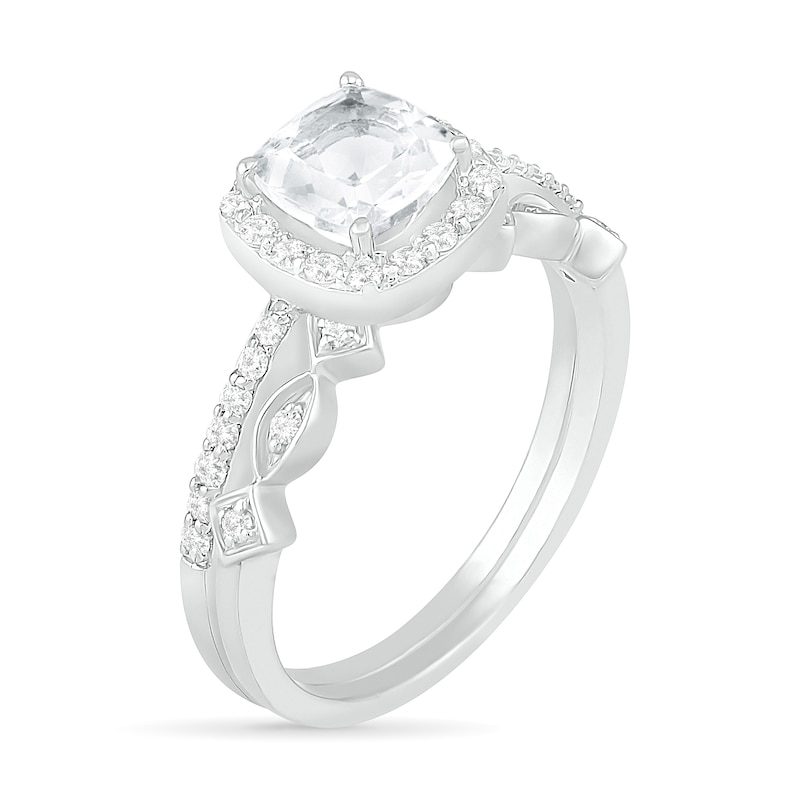Main Image 2 of 6.0mm Cushion-Cut Lab-Created White Sapphire and 1/4 CT. T.W. Diamond Frame Art Deco Bridal Set in 10K White Gold