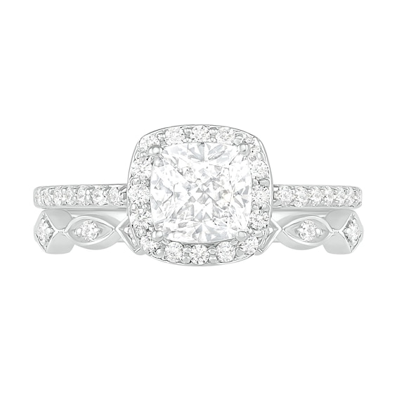 6.0mm Cushion-Cut Lab-Created White Sapphire and 1/4 CT. T.w. Diamond Frame Art Deco Bridal Set in 10K White Gold