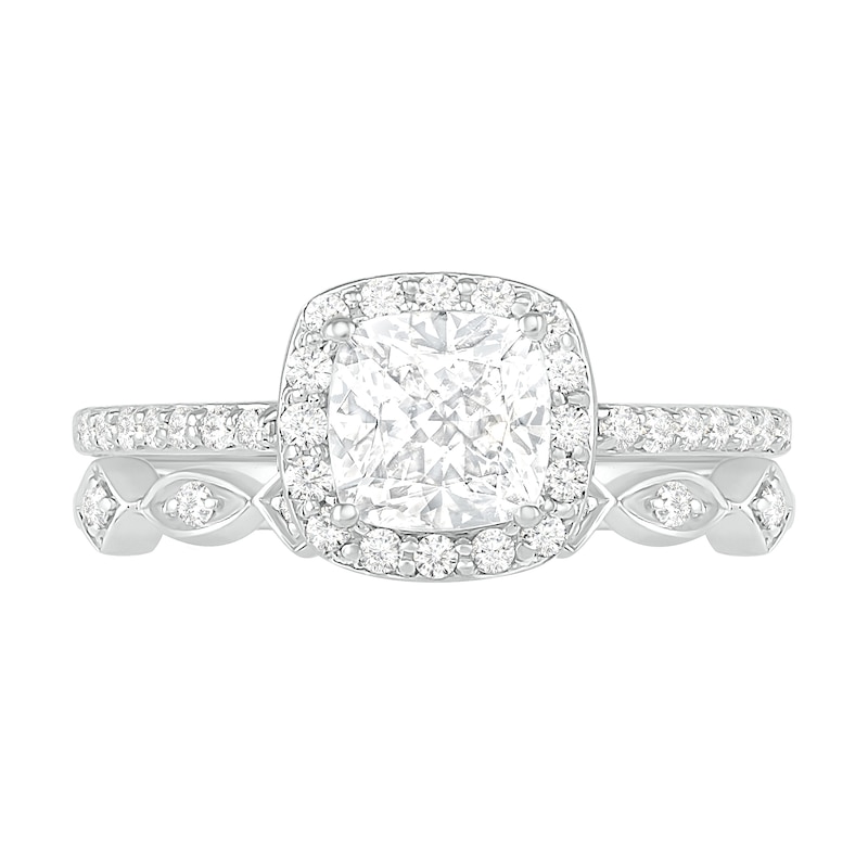 Main Image 3 of 6.0mm Cushion-Cut Lab-Created White Sapphire and 1/4 CT. T.W. Diamond Frame Art Deco Bridal Set in 10K White Gold