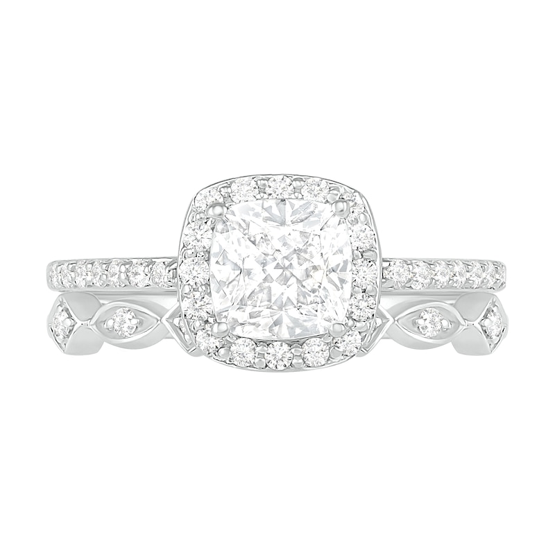 6.0mm Cushion-Cut Lab-Created White Sapphire and 1/4 CT. T.W. Diamond Frame Art Deco Bridal Set in 10K White Gold