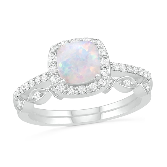 6.0mm Cushion-Shaped Lab-Created Opal and 1/4 CT. T.w. Diamond Frame Art Deco Bridal Set in 10K White Gold