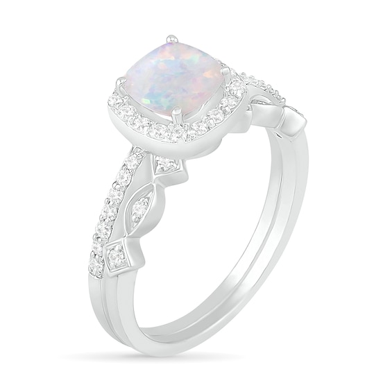 6.0mm Cushion-Shaped Lab-Created Opal and 1/4 CT. T.w. Diamond Frame Art Deco Bridal Set in 10K White Gold